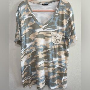 HEIMISH USA Gray Camo Top with Lace Detail